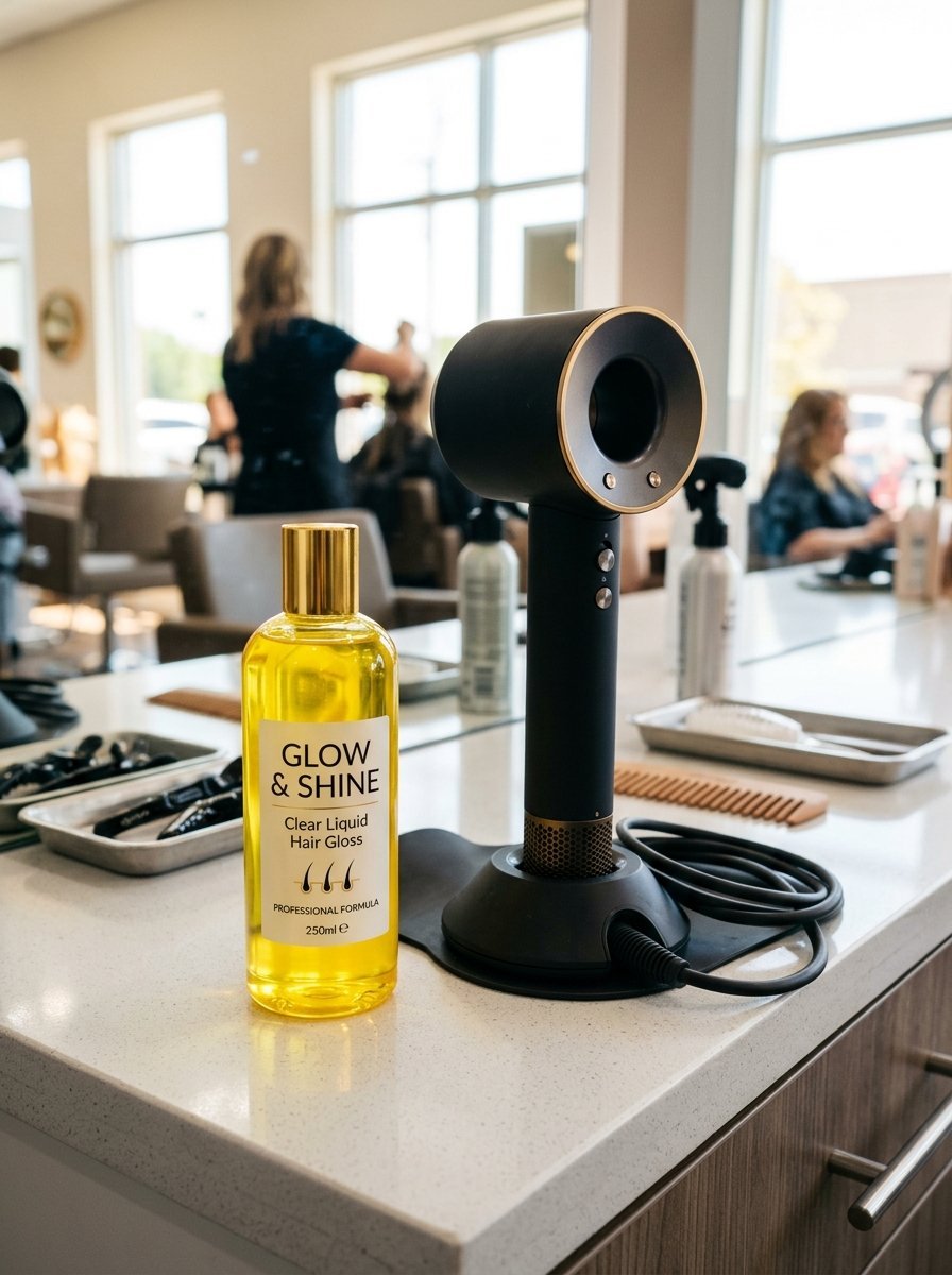 A bottle of Glow and Shine hair gloss standing next to a sleek black professional hair dryer on a salon counter.