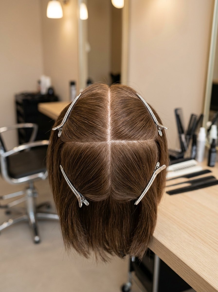 A hairdressing training head with smooth brown hair secured into four quadrants using metal salon clips.