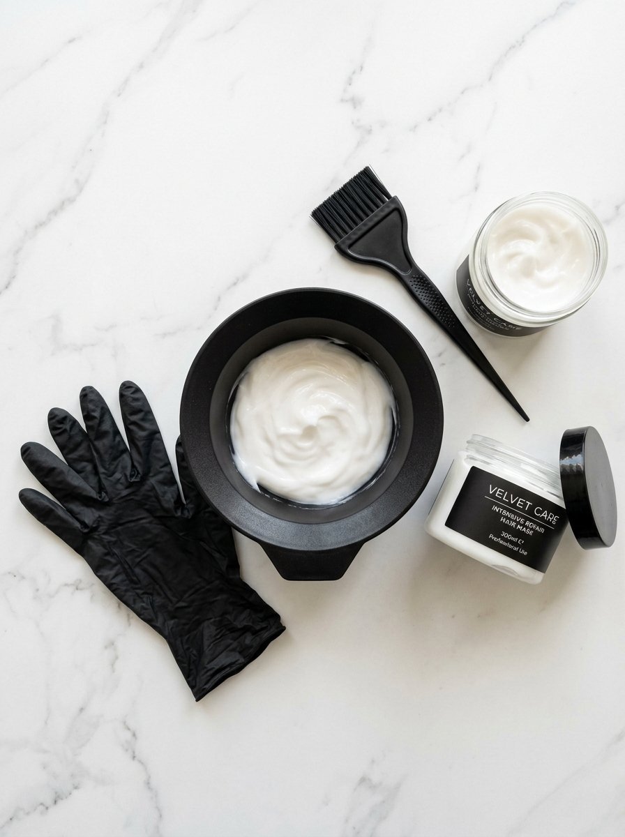 Top view of hair mask cream in a black bowl, a mixing brush, a glove, and an open jar on white marble.