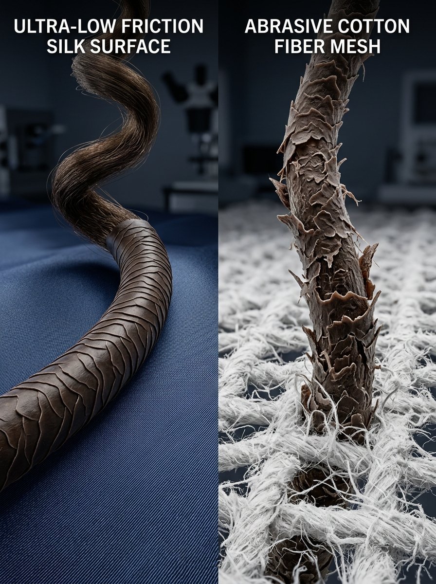 Close-up view showing a smooth hair strand on silk versus a damaged, frayed hair strand on a cotton mesh.