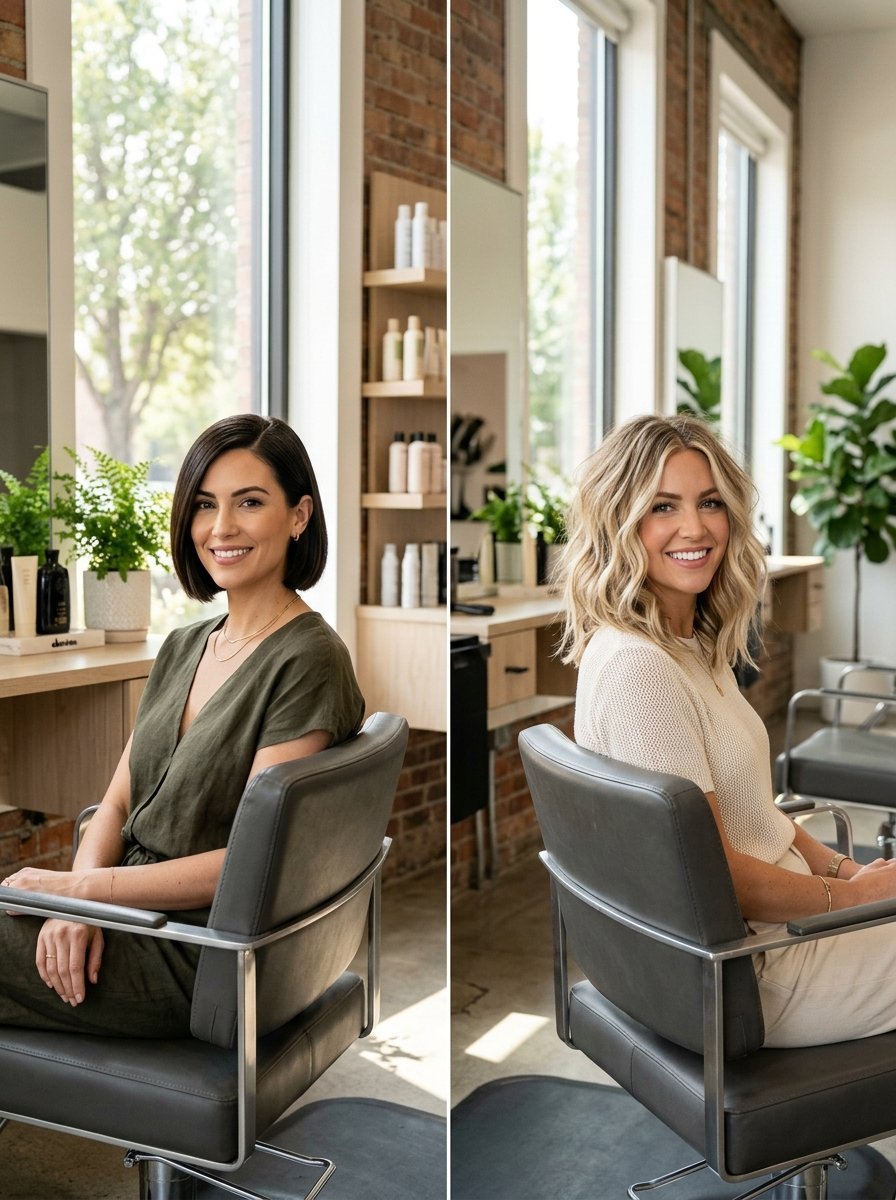 Split screen view of the same woman sitting in a salon chair with dark bob hair versus blonde wavy hair.