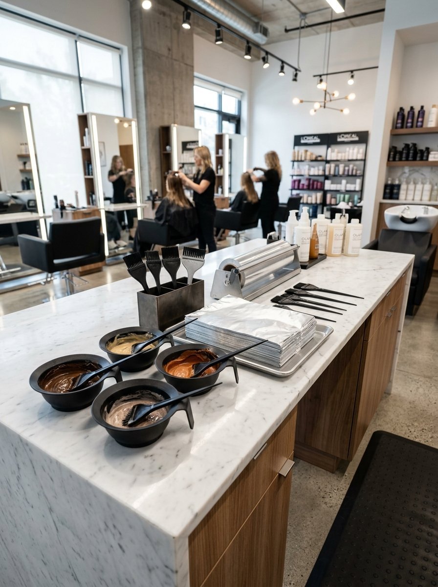 Close up of marble salon counter with mixing bowls, brushes, and foil sheets in a modern hair salon.