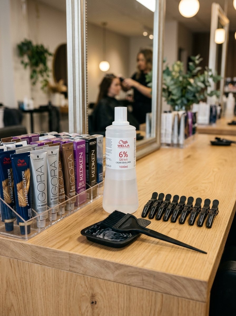 A selection of hair color tubes, a bottle of Wella cream developer, and hair clips arranged on a wooden salon table.