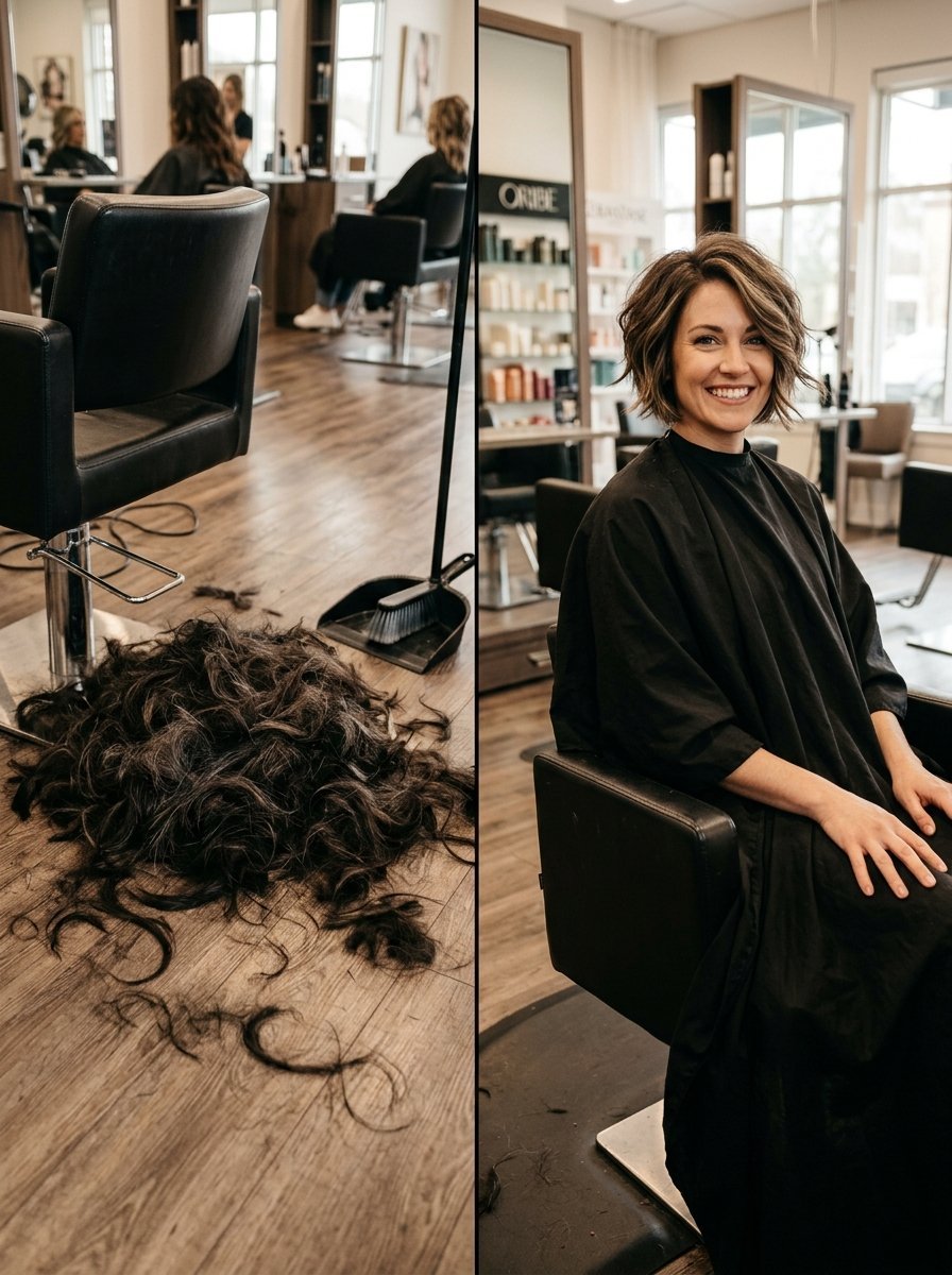 A happy client sitting in a salon chair with cut hair on the floor from her new bob style.