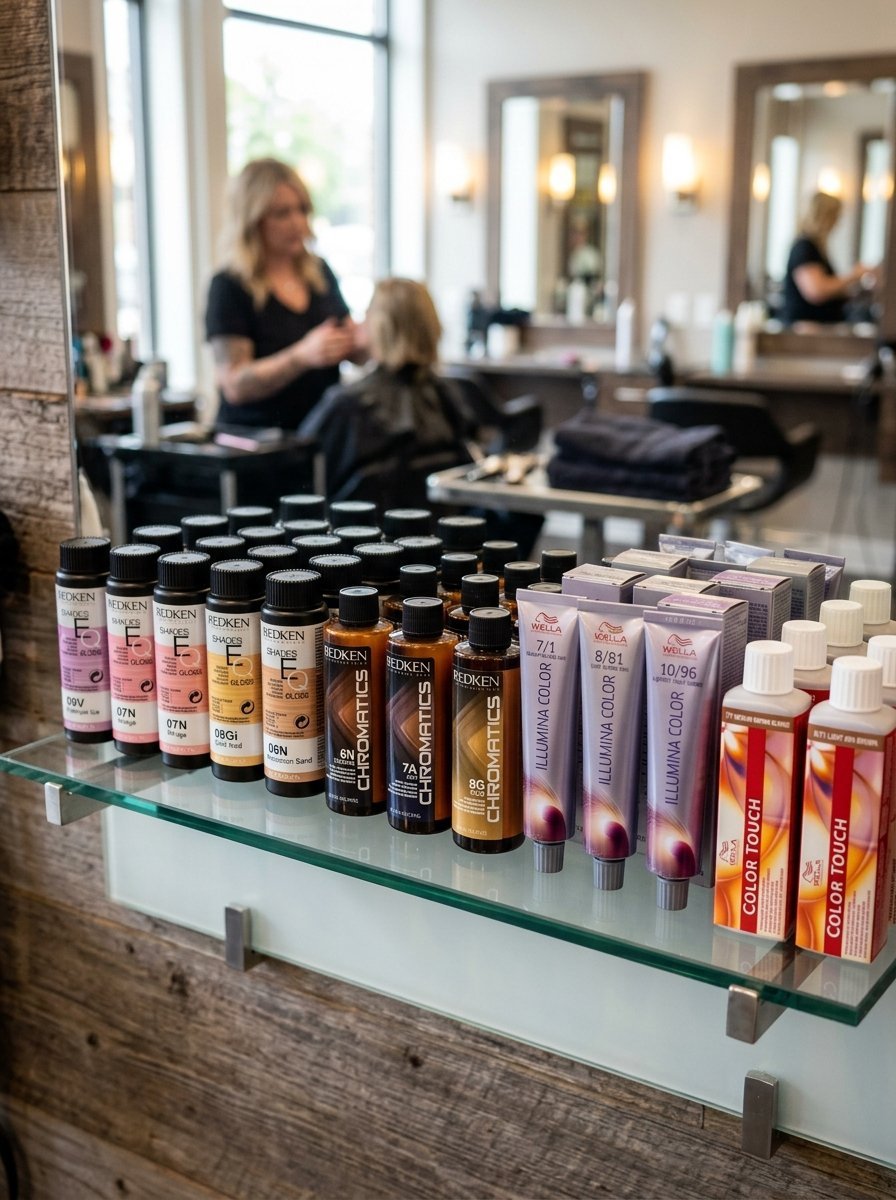 Close up of Redken and Wella hair dye products lined up on a glass shelf in a salon.