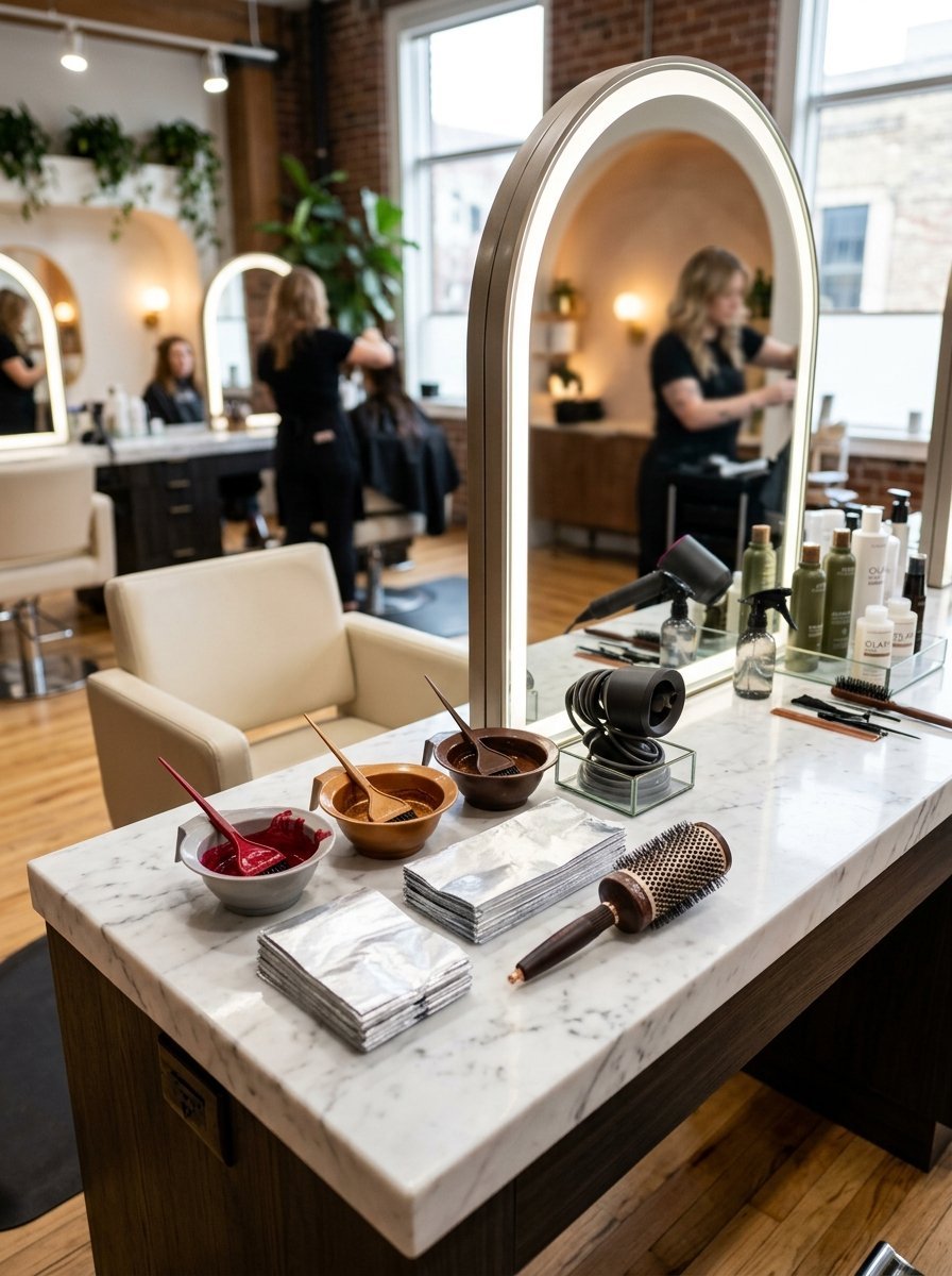 Close up of marble salon counter with hair color bowls, foil sheets, and a round brush in a bright studio.