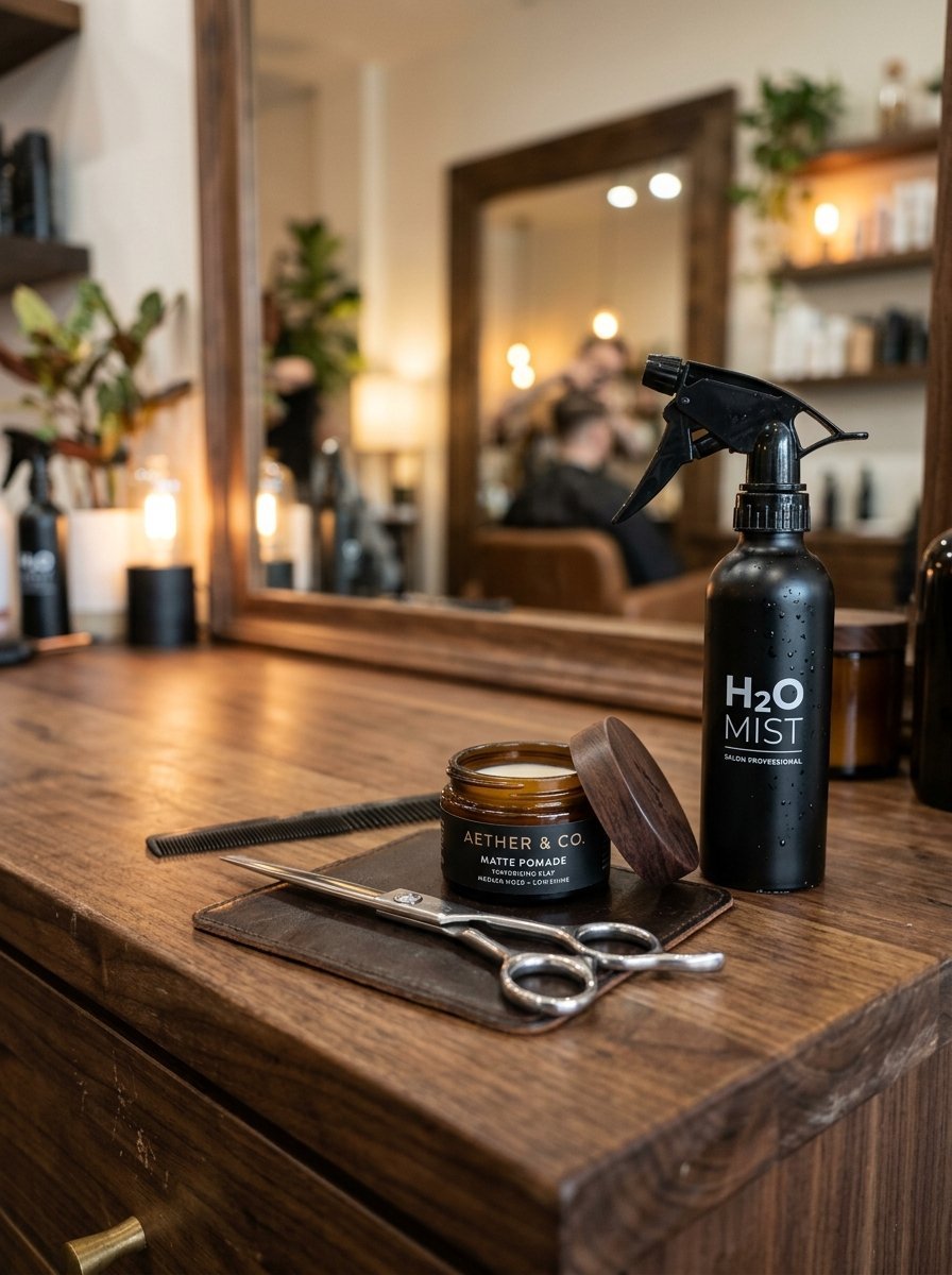 Close-up of hair styling products, metal shears, and a comb arranged on a rustic wooden salon workstation.