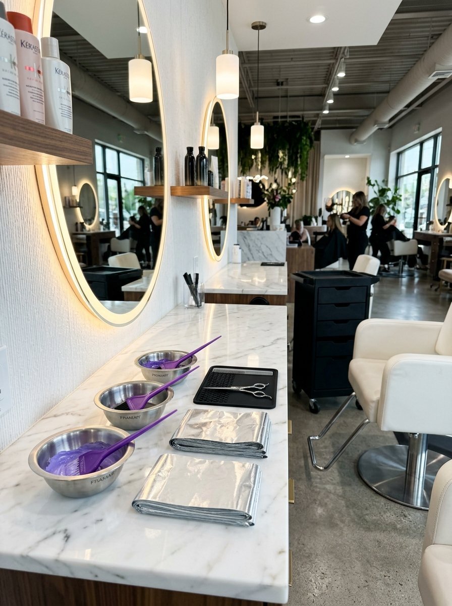 Mixing bowls with purple hair dye and silver foil sheets sitting on a marble salon counter near styling mirrors.