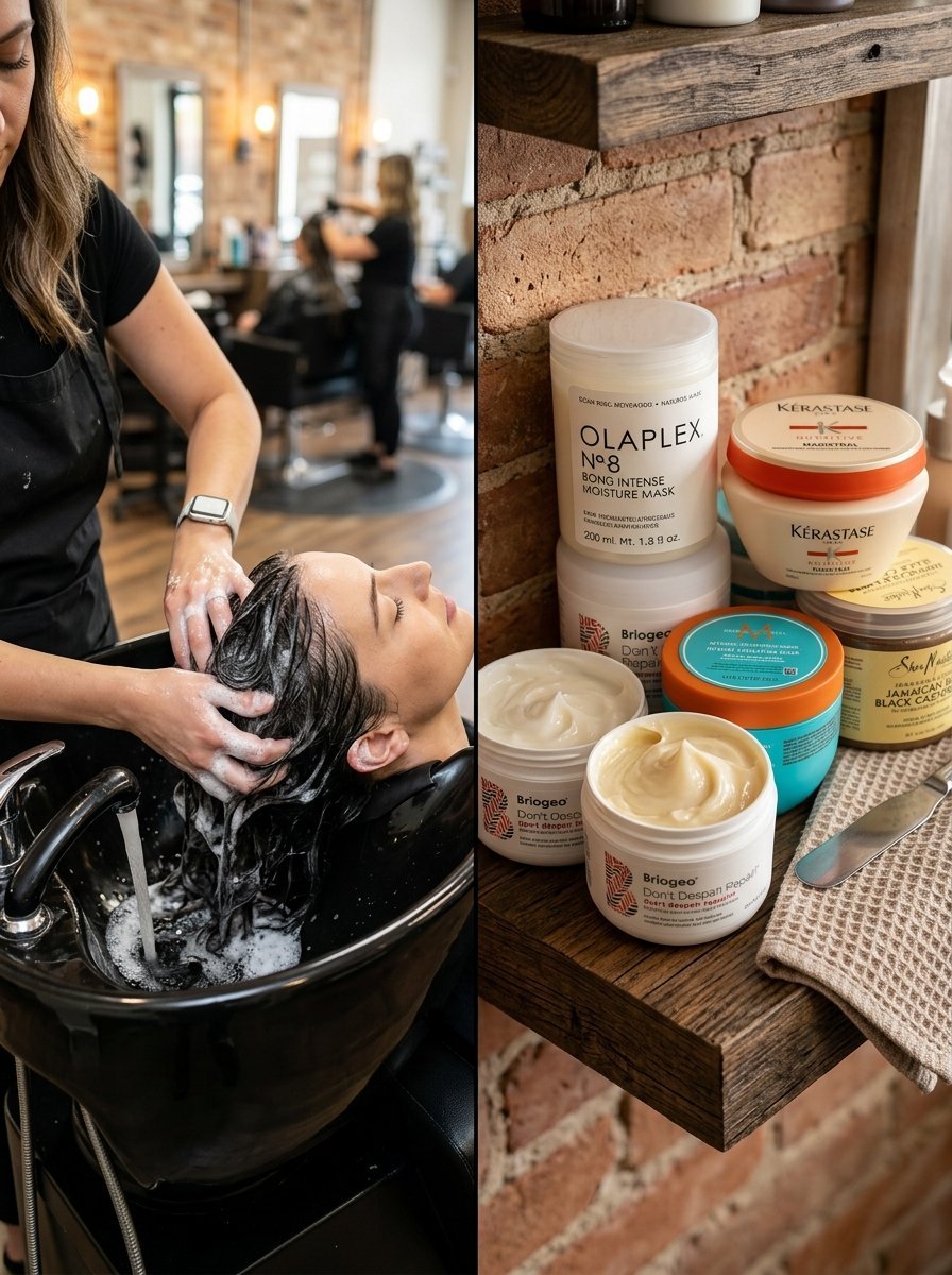 A stylist washing a client's hair next to a shelf of luxury hair care products including Olaplex and Kerastase jars.