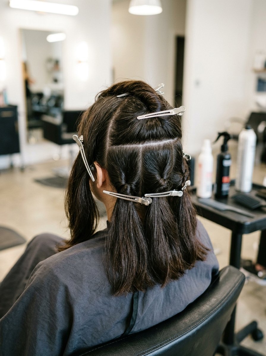 Back view of a client with brown hair divided into small sections held by metal salon clips.