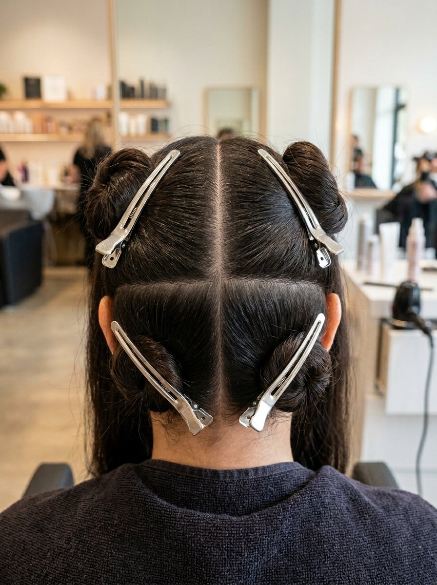 A close-up view of a client's hair parted and held in place by four silver metal clips in a hair salon.