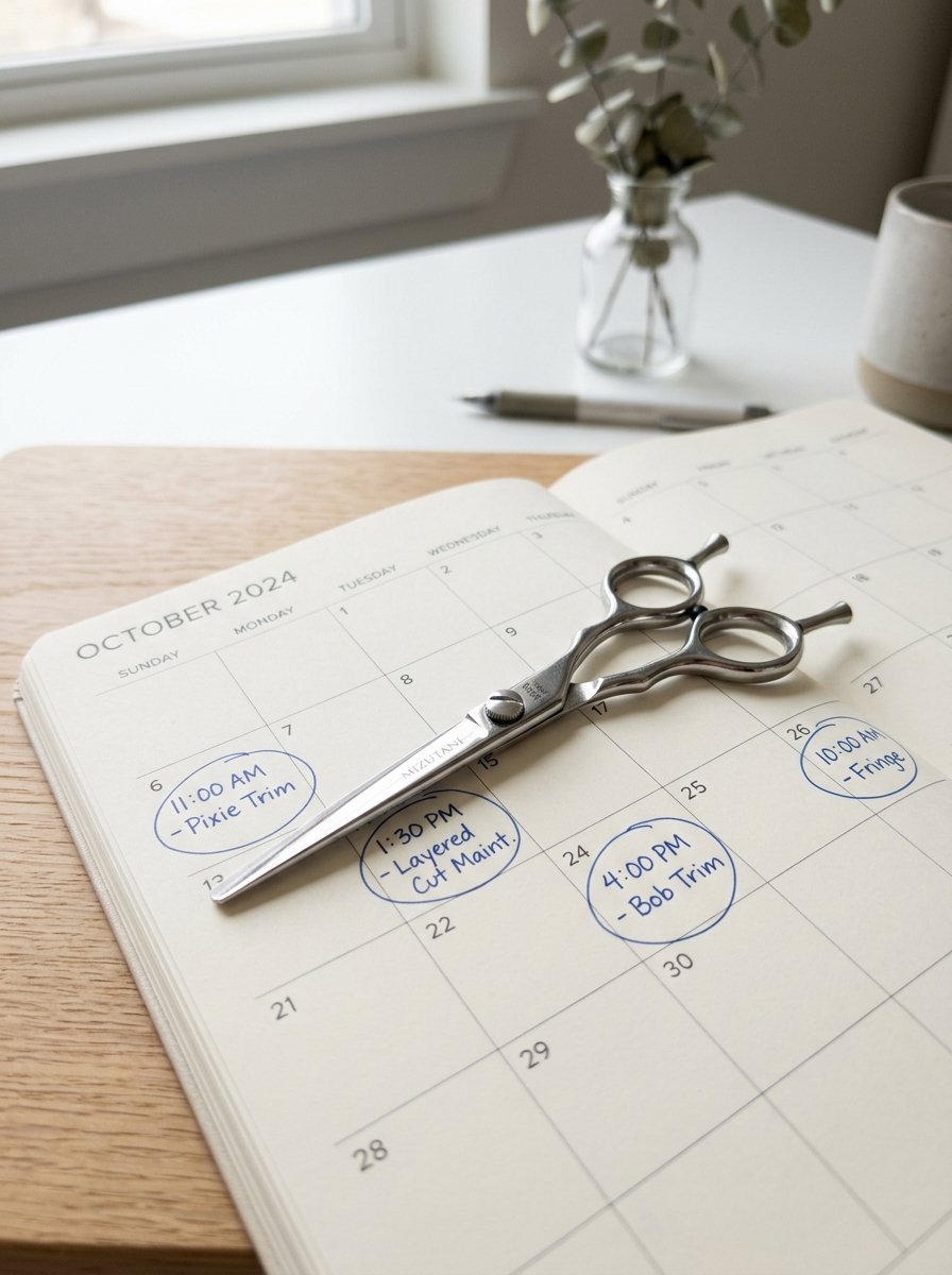 Silver hair cutting scissors placed on an open planner with handwritten salon appointments circled in blue ink.
