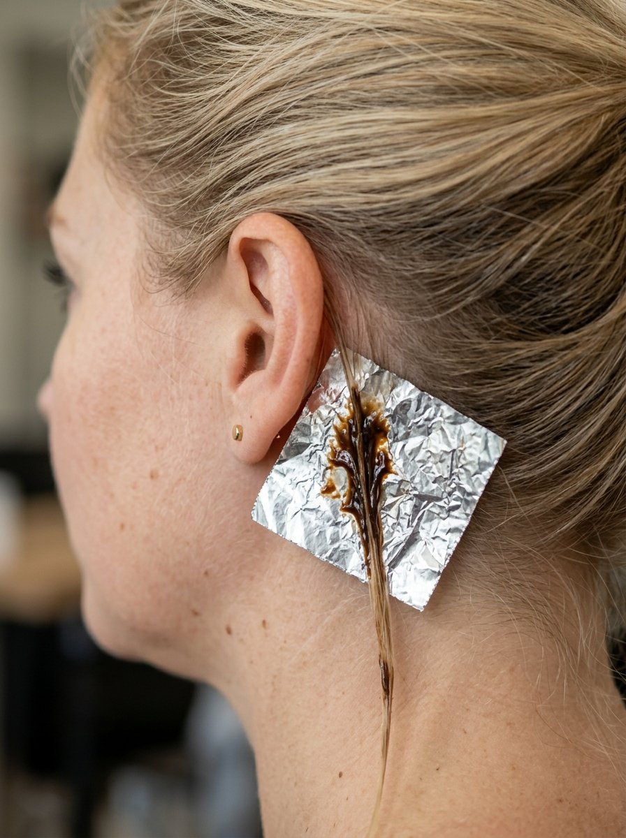 Close-up of a blonde woman's hair with a single dark dye strand sitting on a foil square behind her ear.