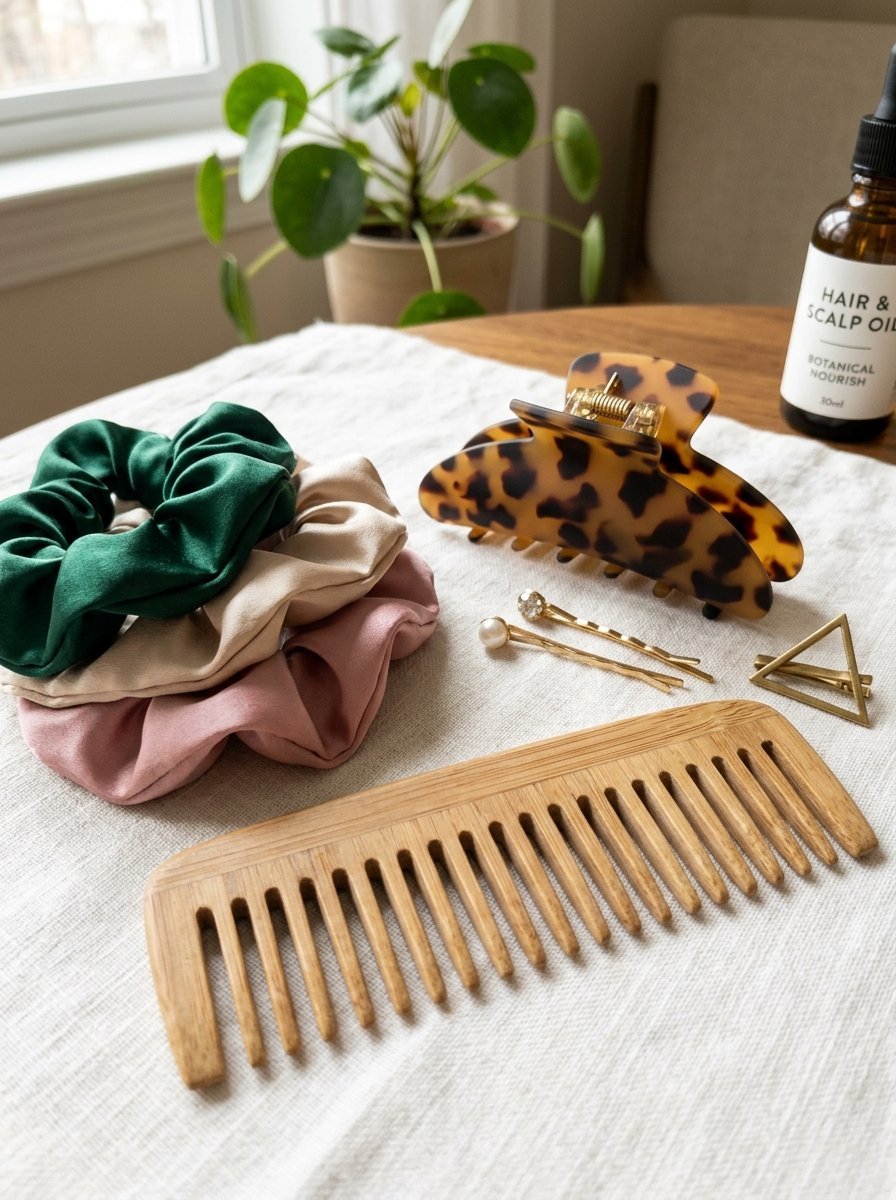 Satin scrunchies, tortoise shell clip, pearl bobby pins, and a wooden wide-tooth comb on a white linen cloth.