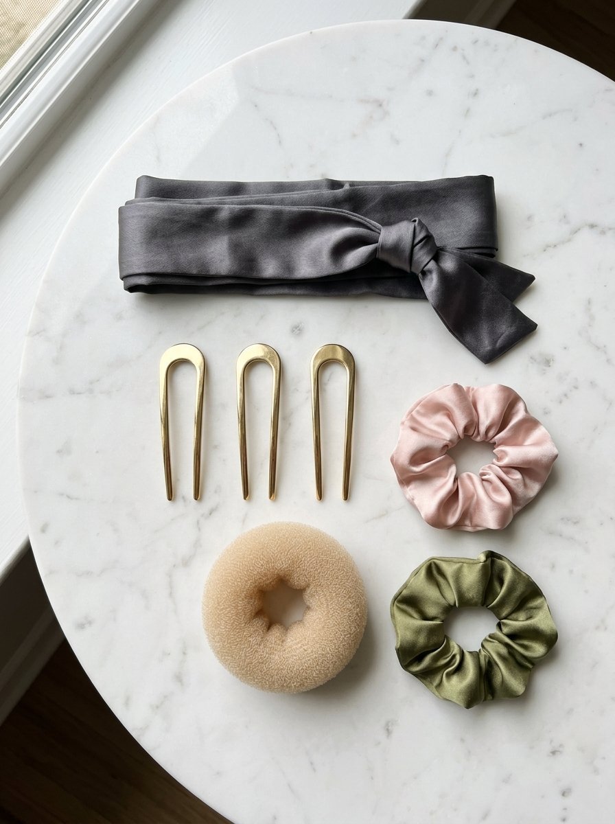 A flat lay of a silk headband, three gold U-shaped hair pins, a beige foam bun maker, and two silk scrunchies.