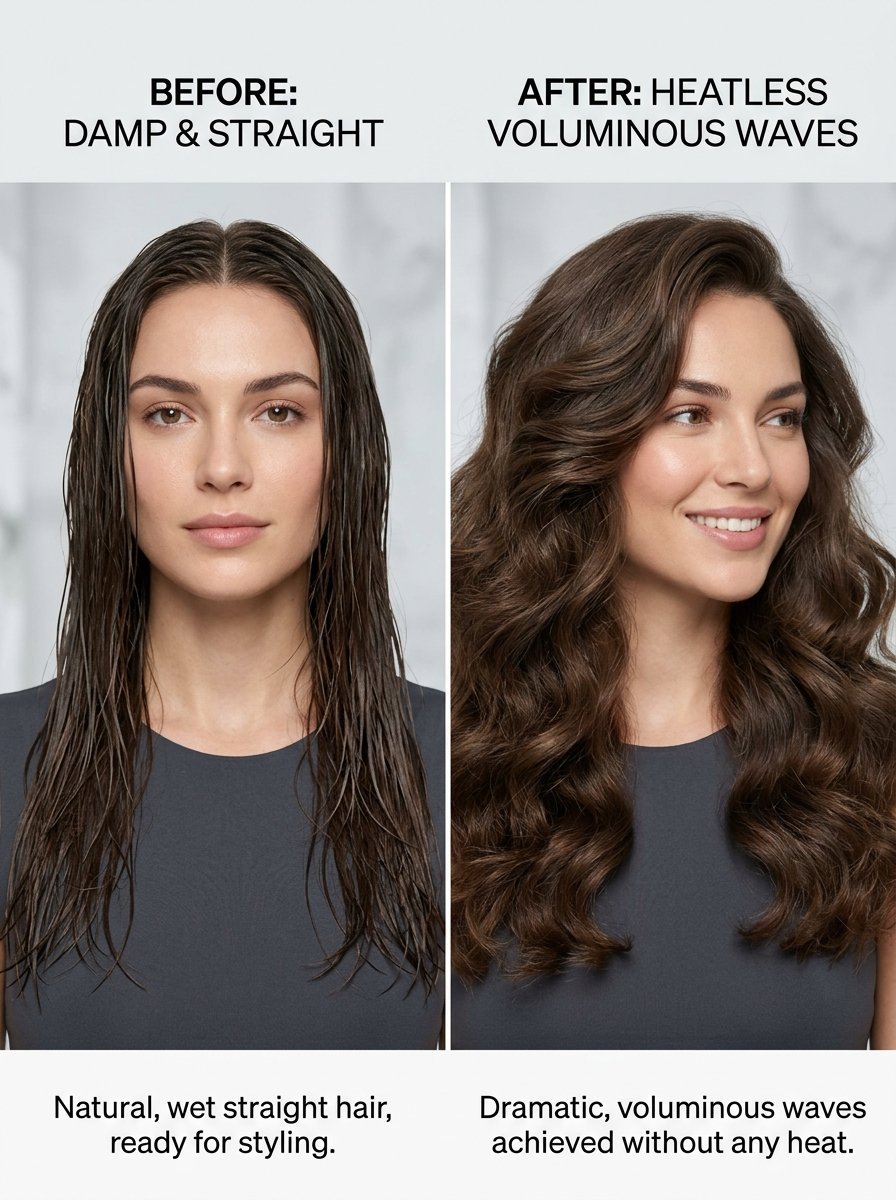 A woman showing her damp straight hair next to the same hair styled into bouncy heatless waves.