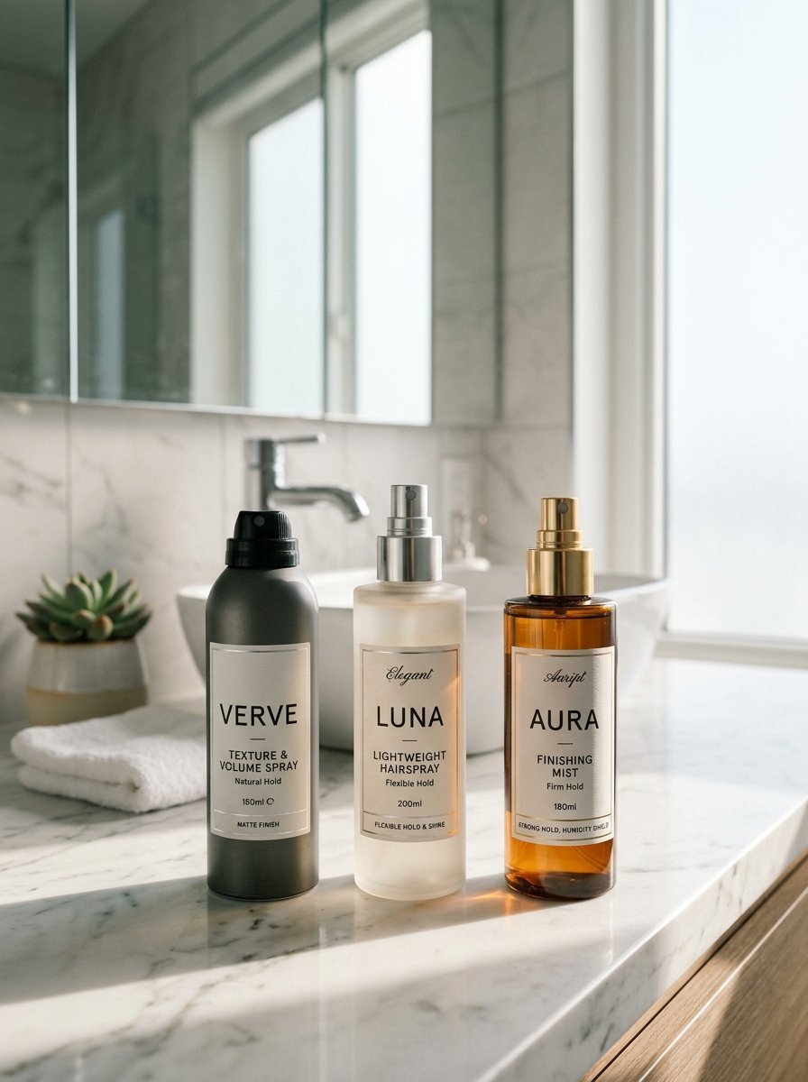 Close-up of three professional hair styling bottles labeled Verve, Luna, and Aura sitting on a white marble vanity.