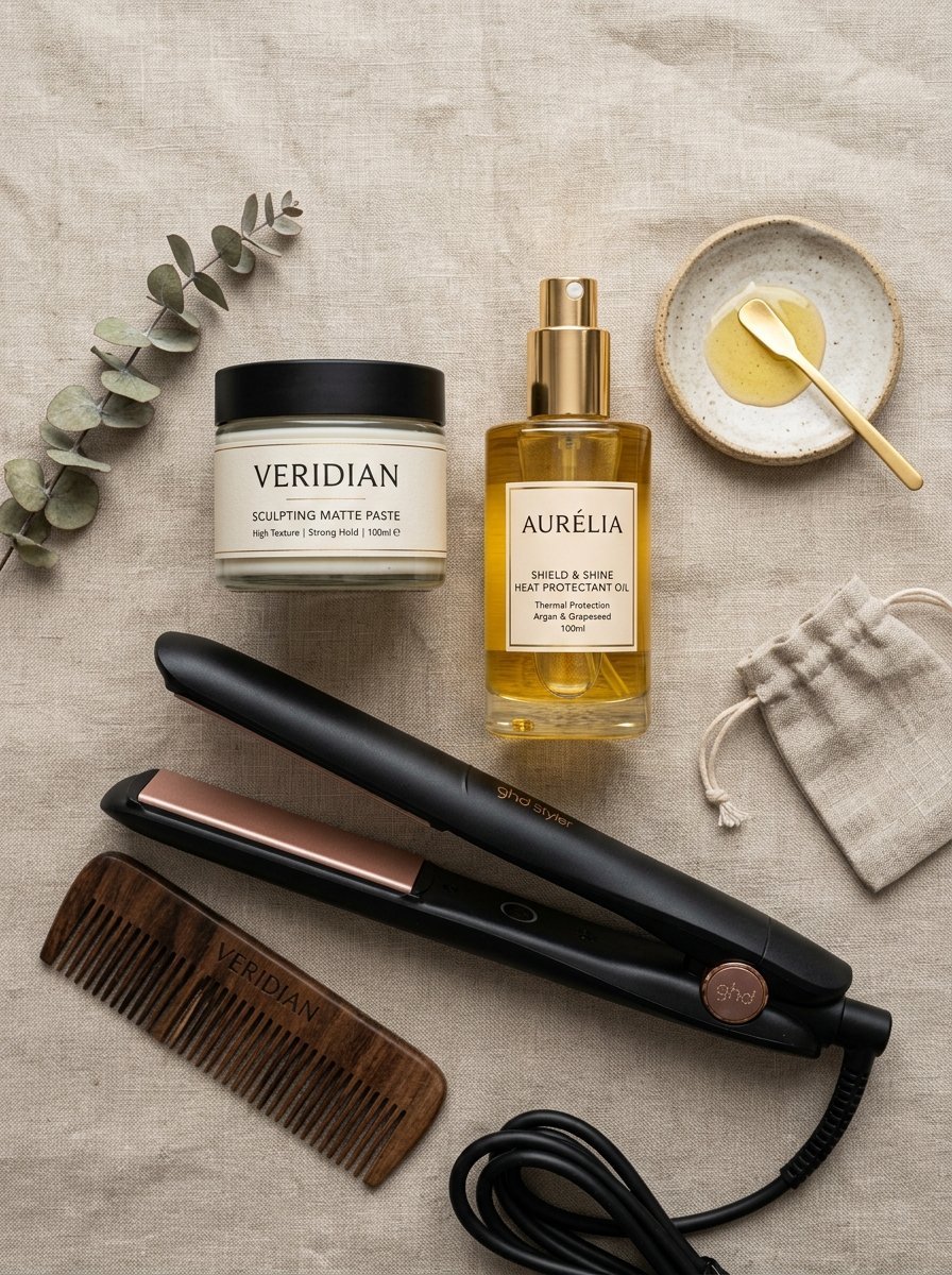 A flat lay of hair styling products, a wooden comb, and a ghd hair straightener on a linen fabric background.