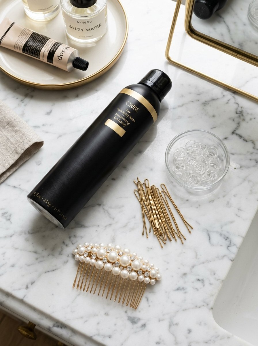 A black Oribe hairspray bottle, gold bobby pins, and a pearl hair comb resting on a white marble countertop.