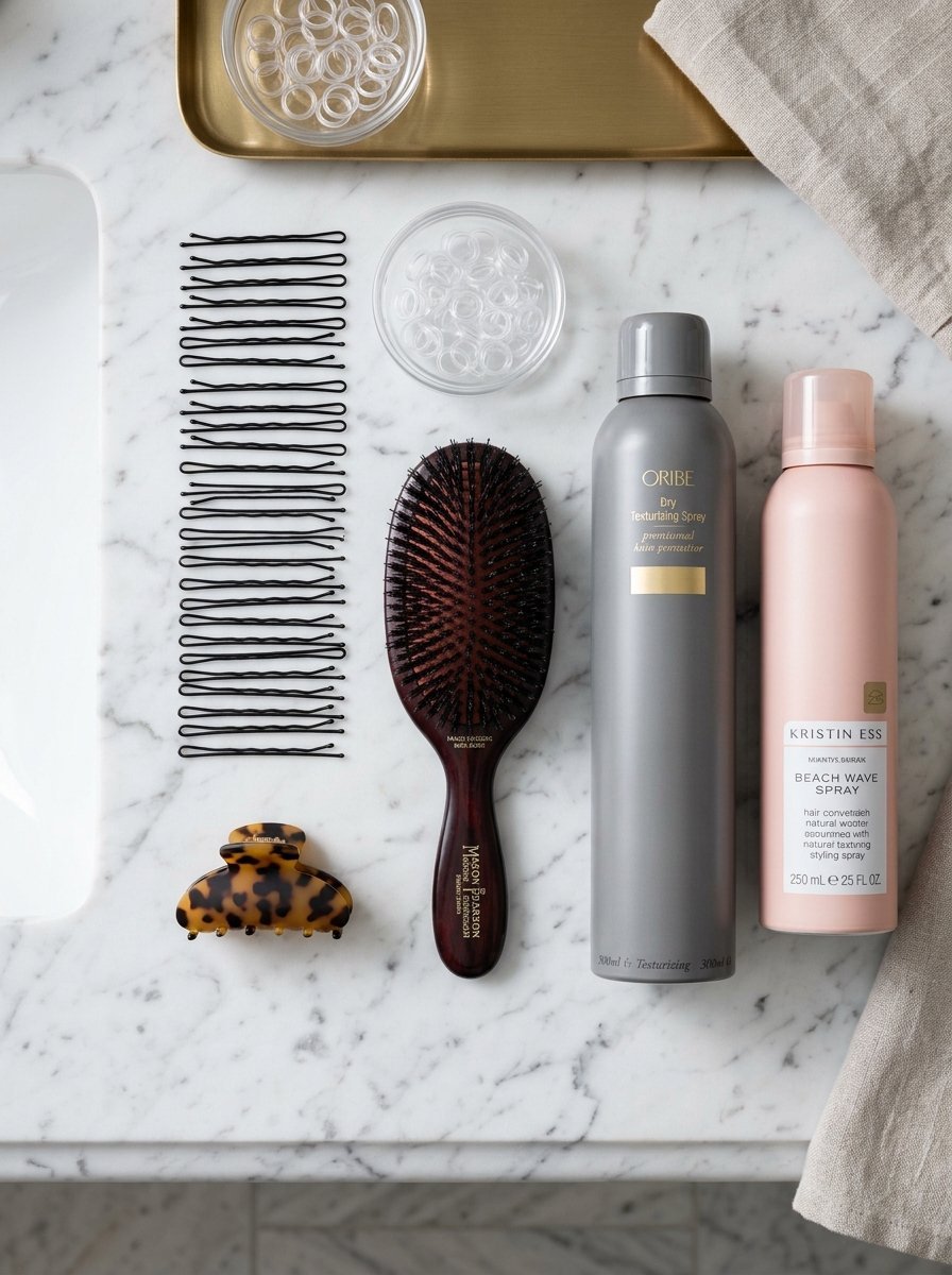 Hair styling products including a boar bristle brush, hairpins, and sprays arranged neatly on a white marble vanity.