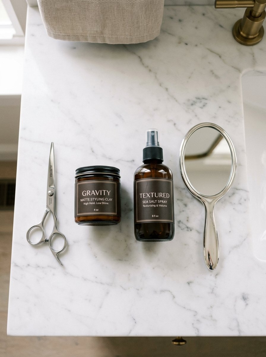 Professional barber scissors, clay jar, and sea salt spray bottle next to a handheld vanity mirror.