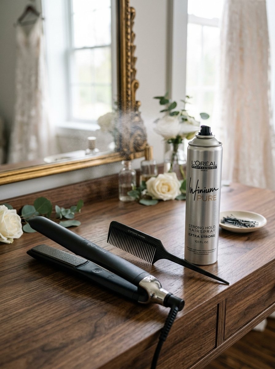 Professional hair styling tools including a flat iron, comb, and L'Oreal hairspray sit on a wooden dressing table.