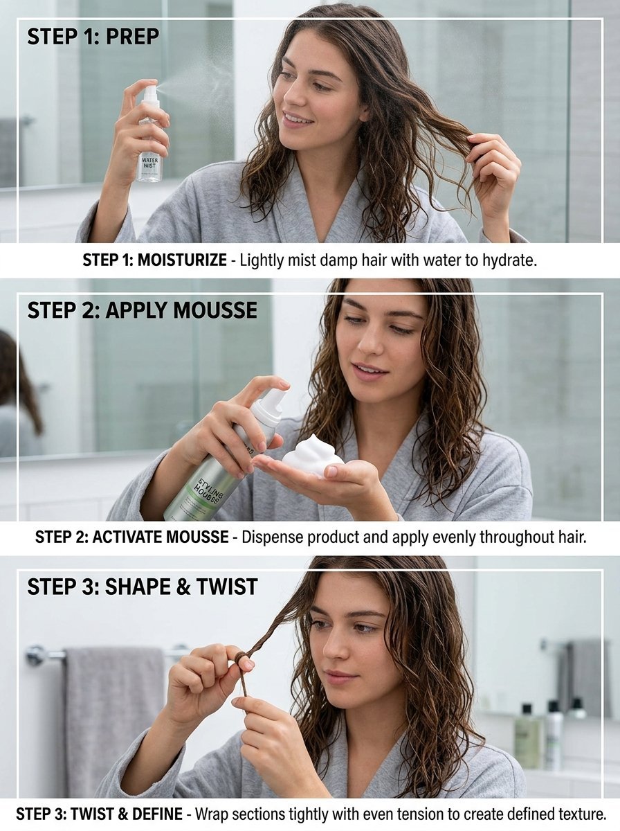 A woman in a robe demonstrates hair care steps including misting, applying foam, and twisting hair strands.