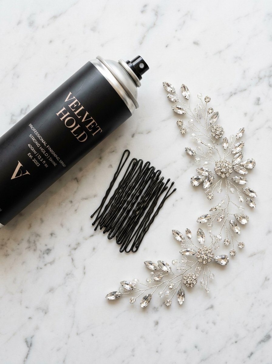 A black Velvet Hold hairspray can, black bobby pins, and a crystal floral hair vine on a marble surface.
