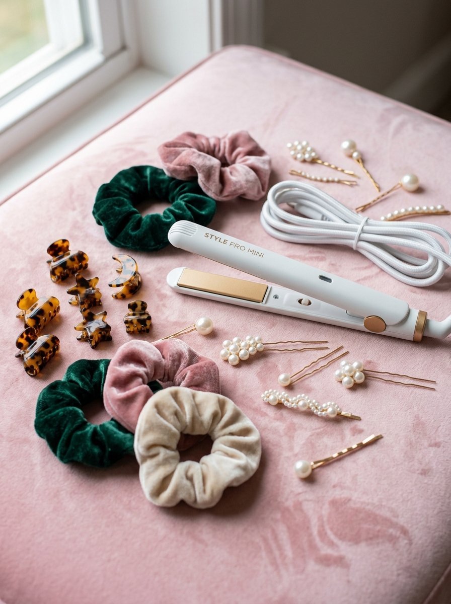 A white mini hair straightener surrounded by velvet scrunchies, tortoise shell clips, and pearl embellished hair pins.