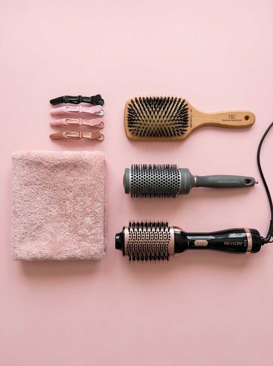 A flat lay view of a microfiber towel, hair clips, and three different hair brushes on a soft pink surface.