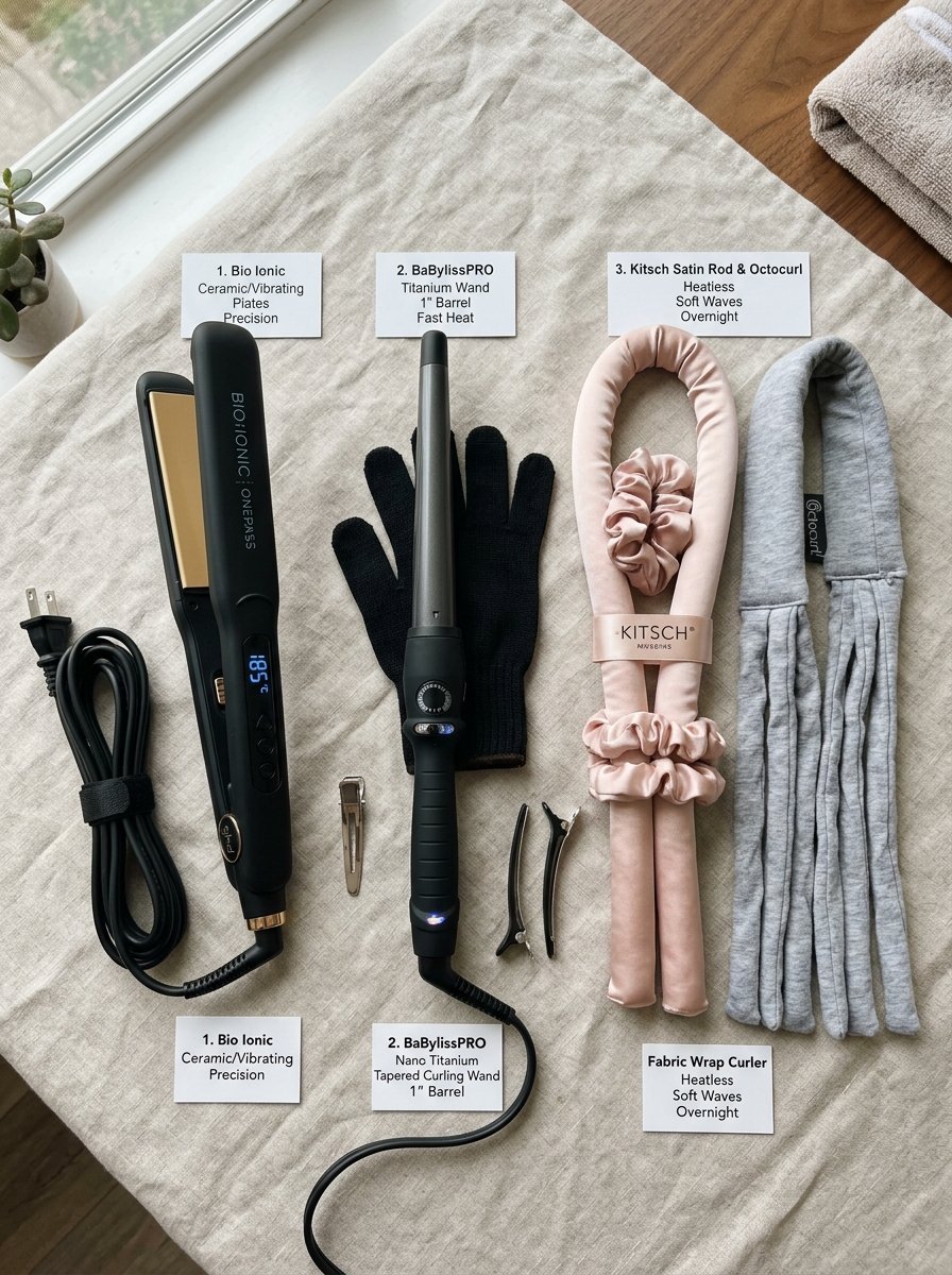 A flat iron, titanium curling wand, and two heatless hair curling kits laid out on a beige cloth for comparison.