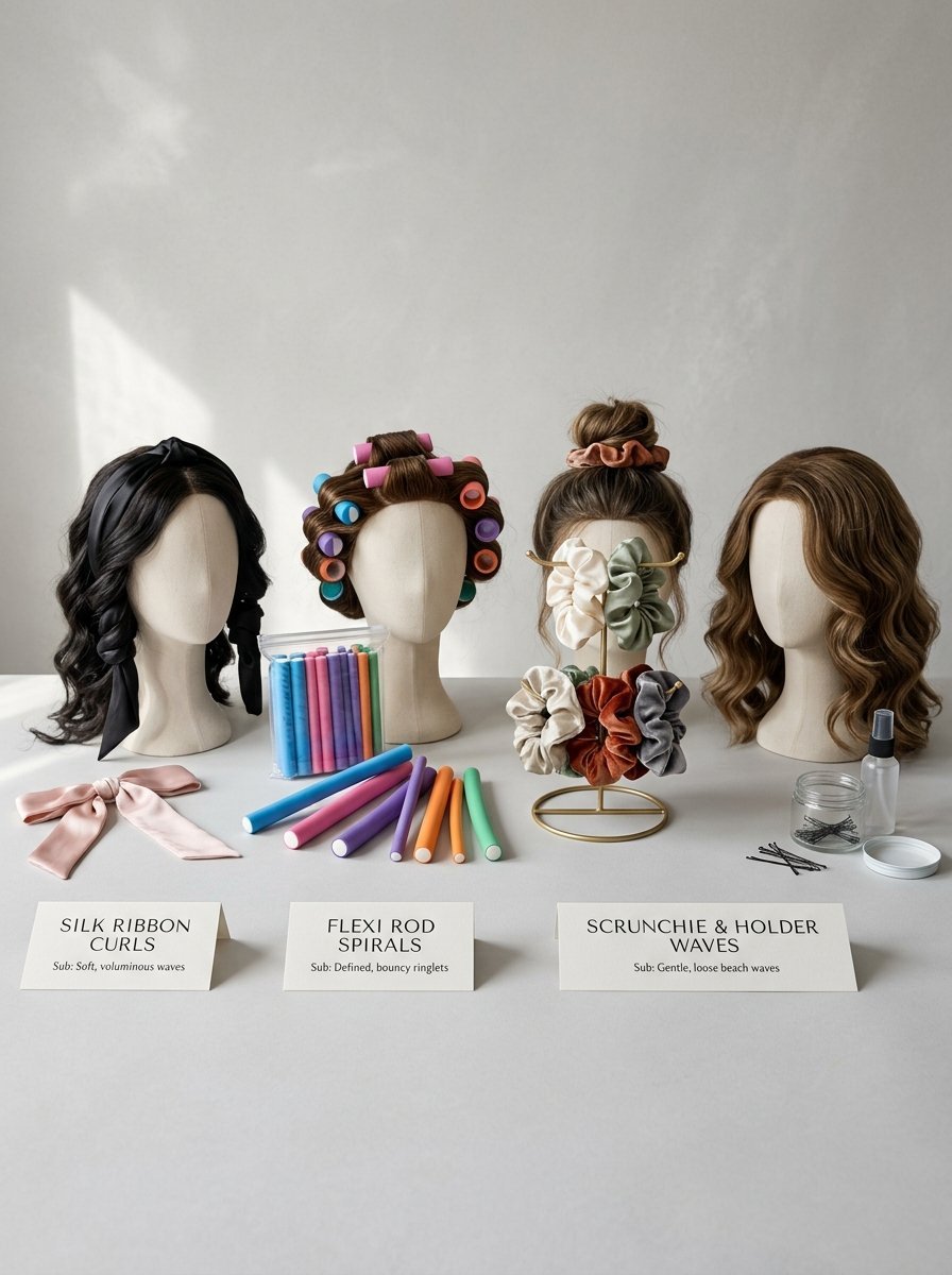 Mannequin heads styled with various heatless curlers, ribbons, and velvet scrunchies on a white table.