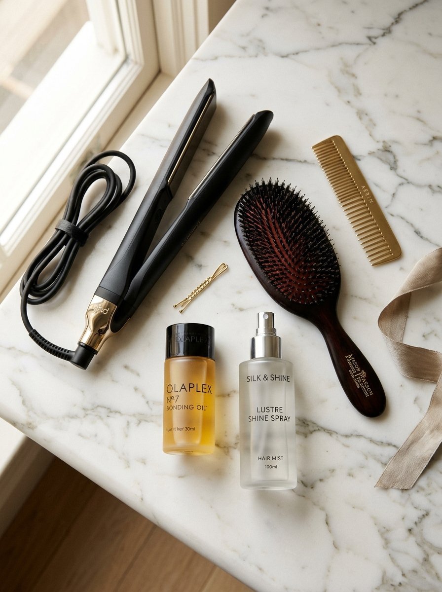 Black hair straightener, hairbrush, comb, oil, and shine spray arranged neatly on a white marble surface.