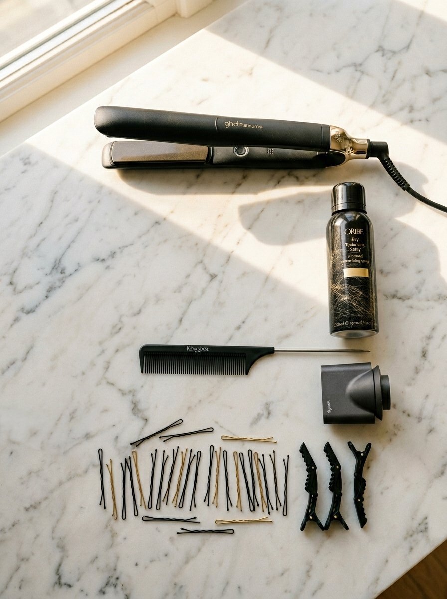 Collection of black hair clips, bobby pins, a metal rat-tail comb, spray bottle, and a GHD hair straightener.