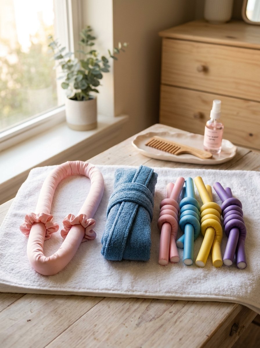 Colorful heatless hair rollers, a microfiber towel, and styling tools organized on a wooden surface.