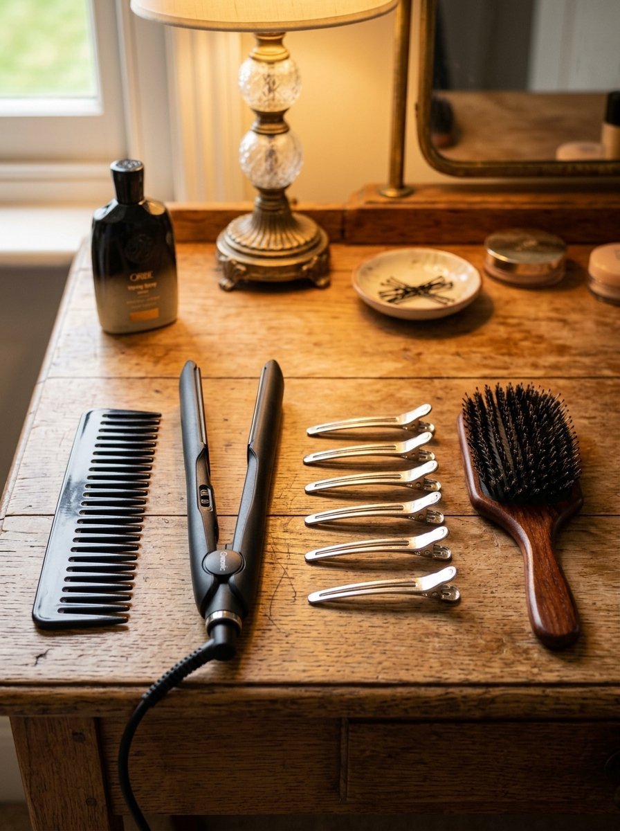 Professional hair straightener, wide-tooth comb, hair clips, and boar bristle brush on a wooden table.