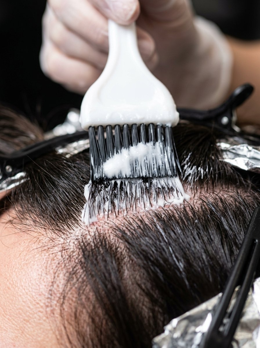 Close up of a gloved hand using a plastic brush to apply hair dye or bleach to dark roots with foil segments.