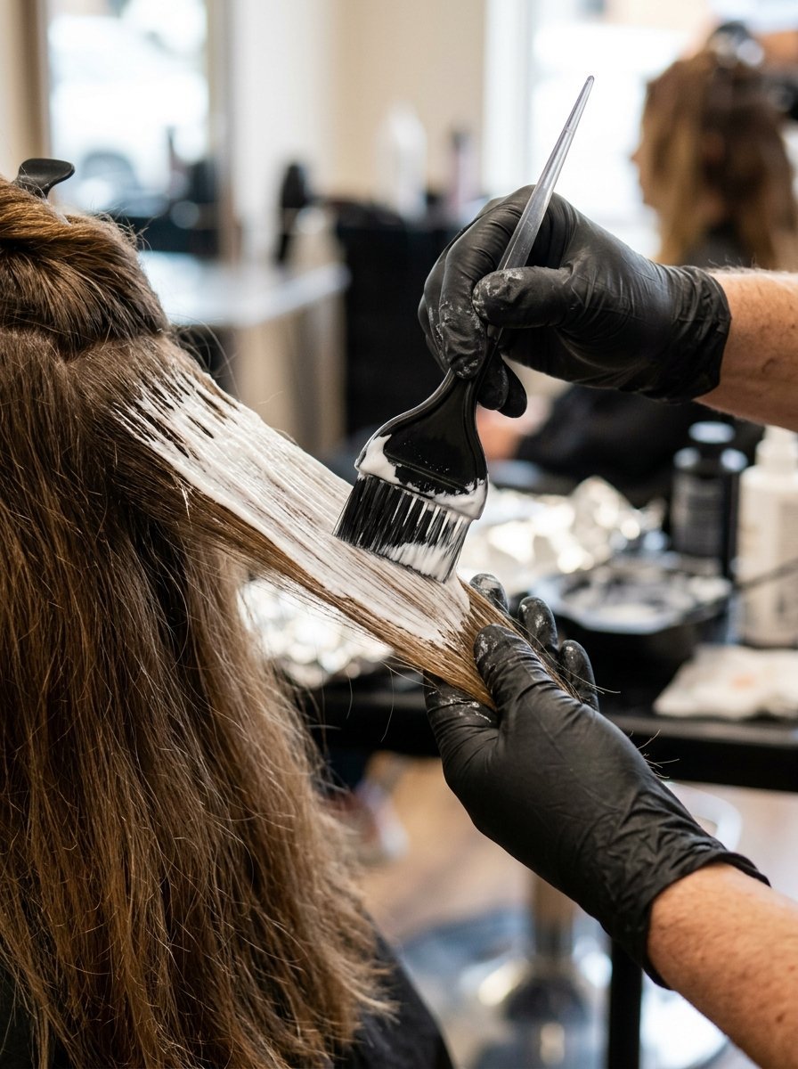 A stylist wearing black gloves paints bleach onto a strand of brown hair with a small brush in a salon.