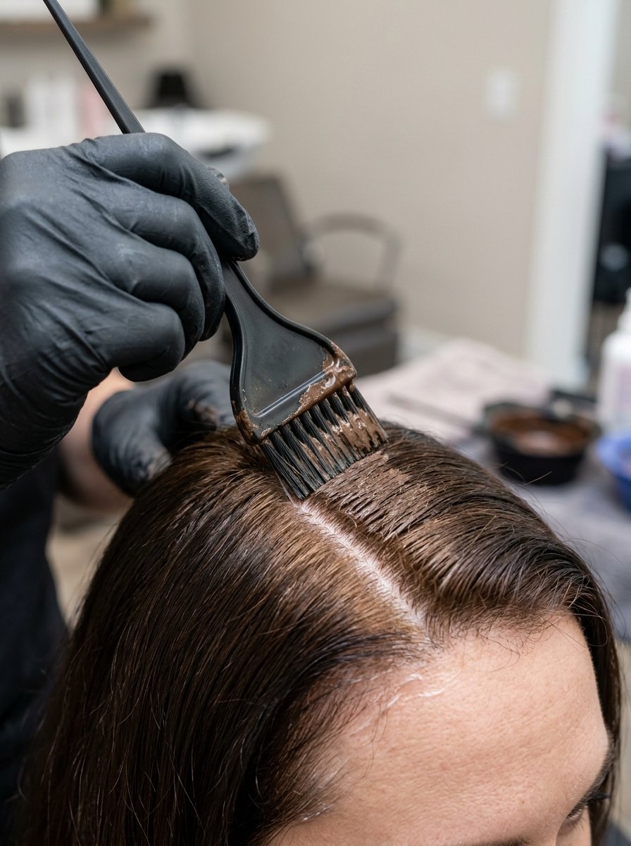 Close up of a stylist in black gloves using a brush to paint hair dye onto a woman's scalp.