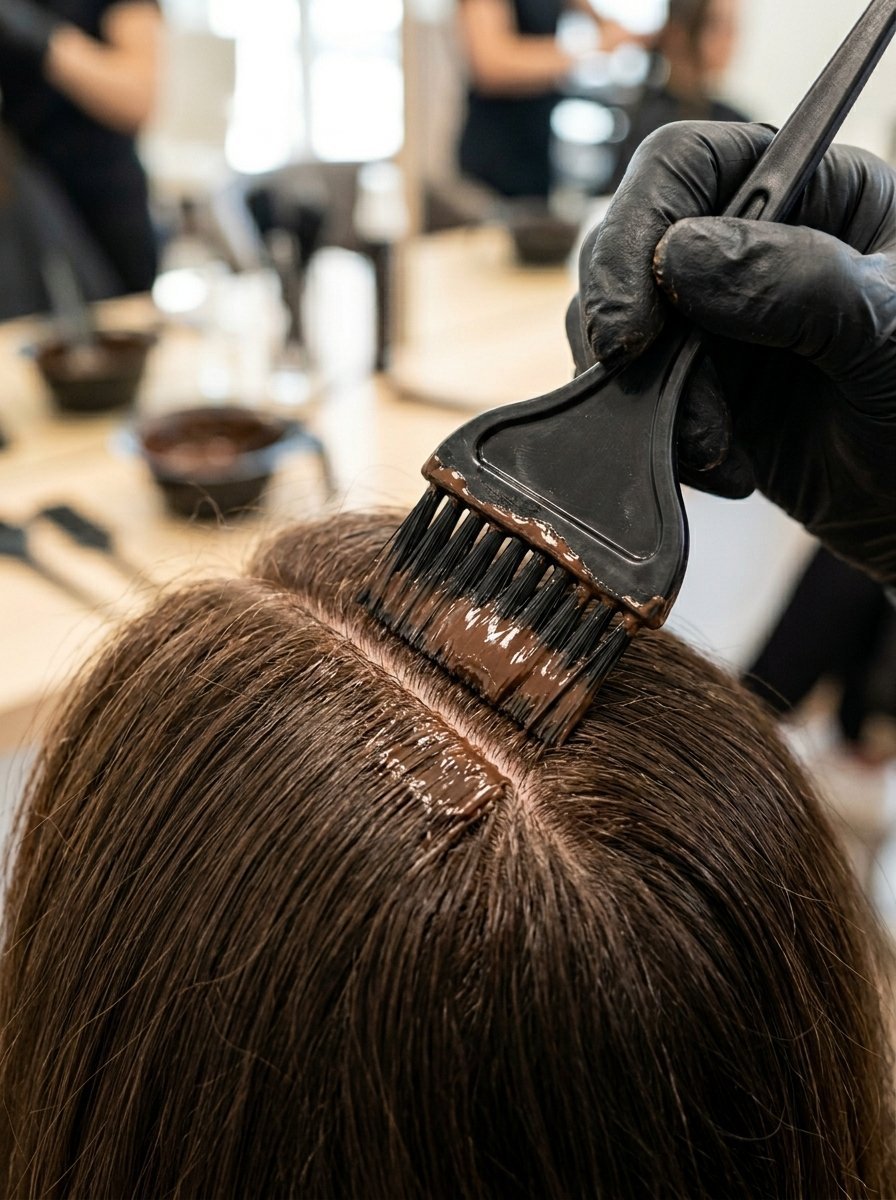 Close up of a gloved hand using a brush to apply brown hair dye to a woman's roots in a salon.