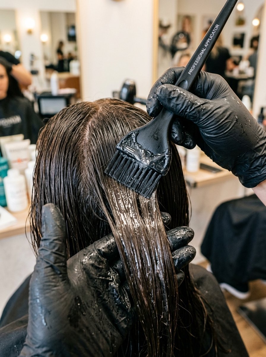 Close up of a stylist in black gloves using a brush to apply hair dye to a client's dark locks in a salon.