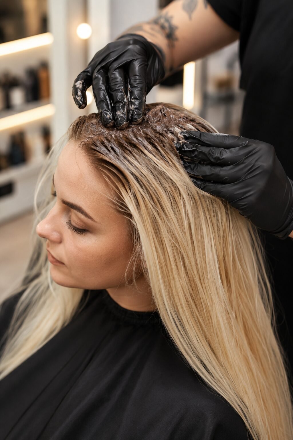Professional stylist wearing black gloves applying hair color to the roots of a blonde woman.