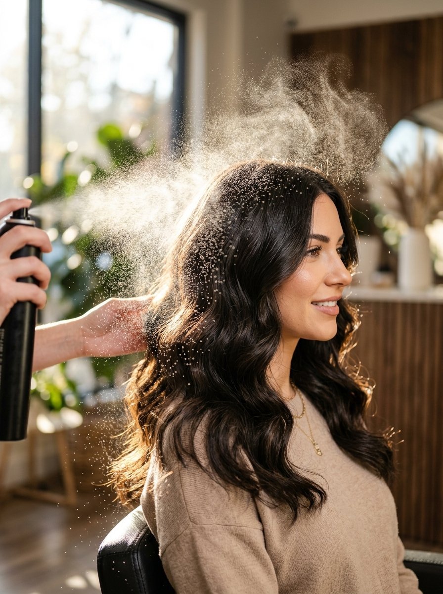 A stylist sprays hairspray onto the long dark wavy hair of a smiling woman in a salon chair.