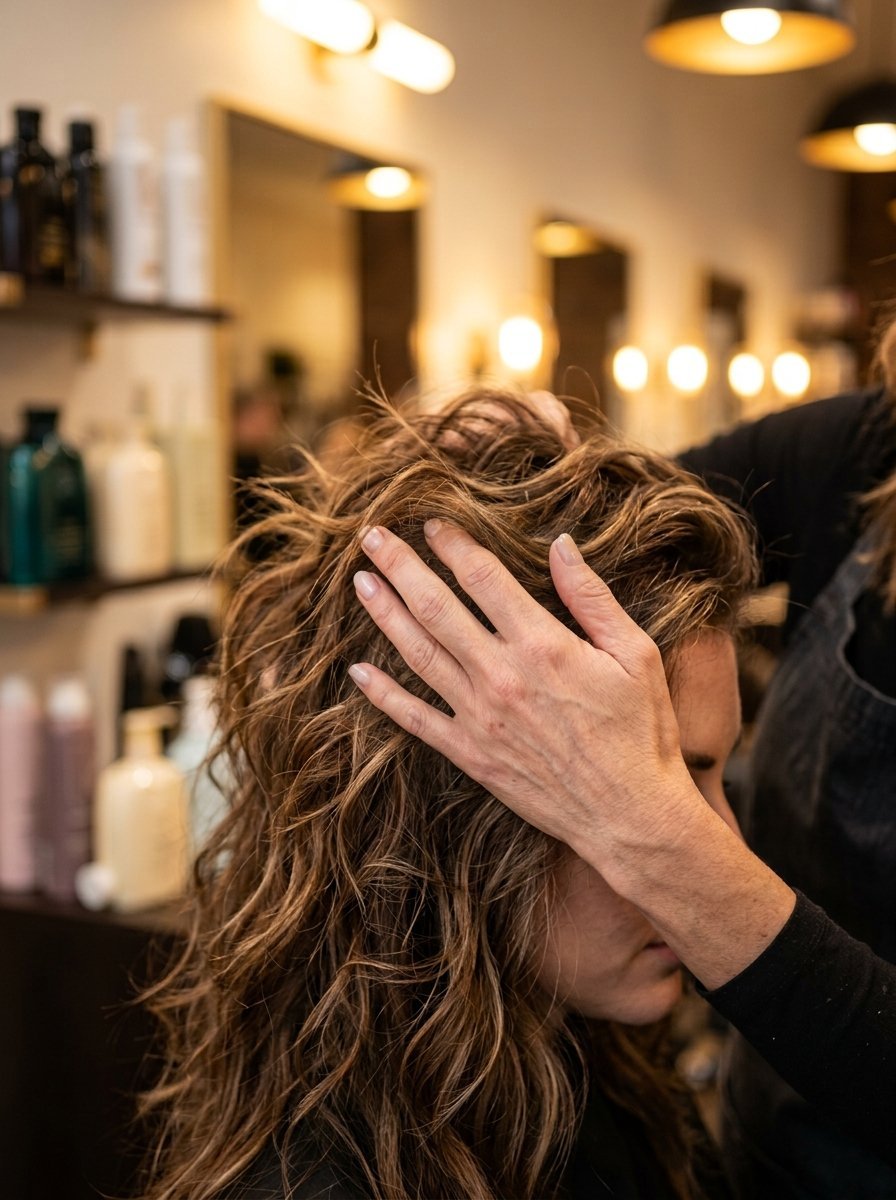 Close up of a stylist's hand touching the layered brown wavy hair of a client at a salon.