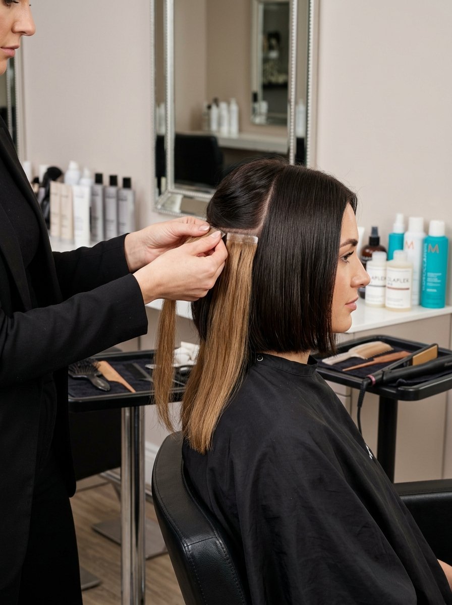 Stylist attaching blonde hair extension tape to a brunette client at a salon