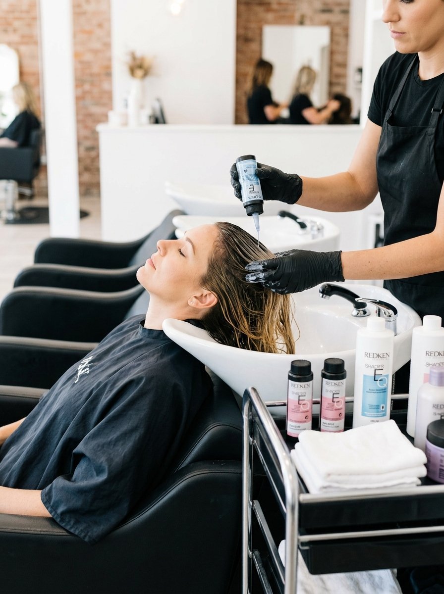 A hairdresser in black gloves applying a professional hair treatment to a client's hair at a sink.