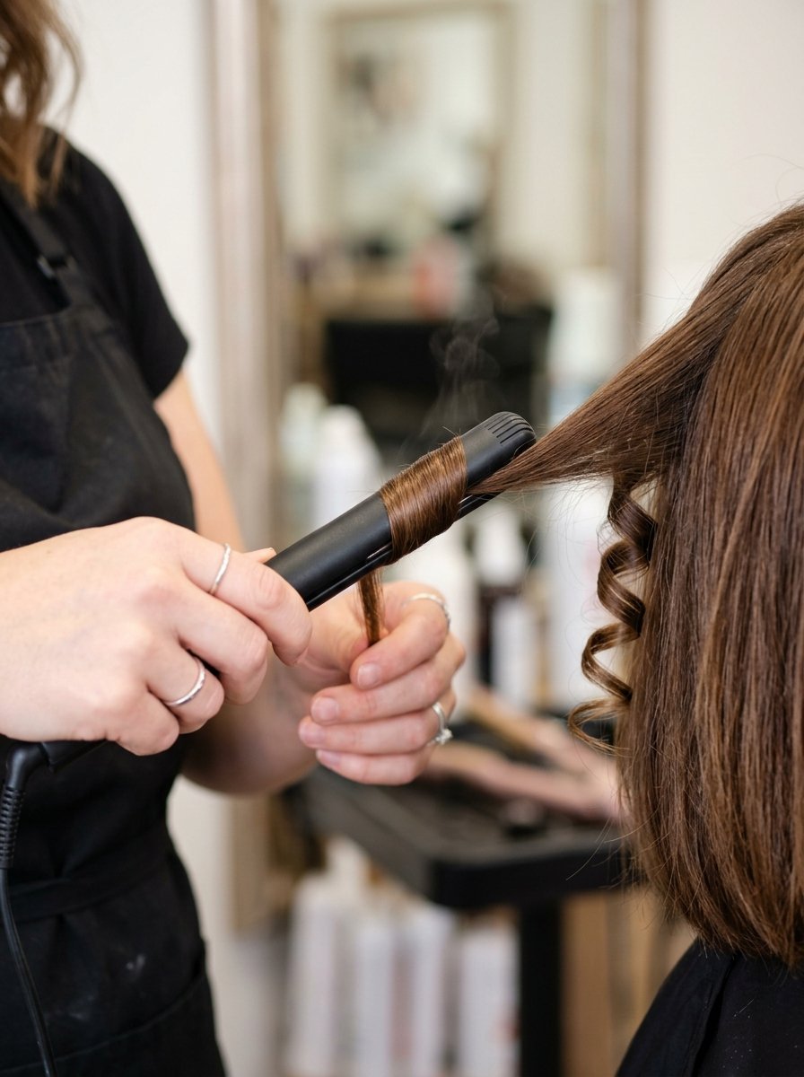 Close up of a stylist using a heating tool to curl a client's brunette hair with steam rising.