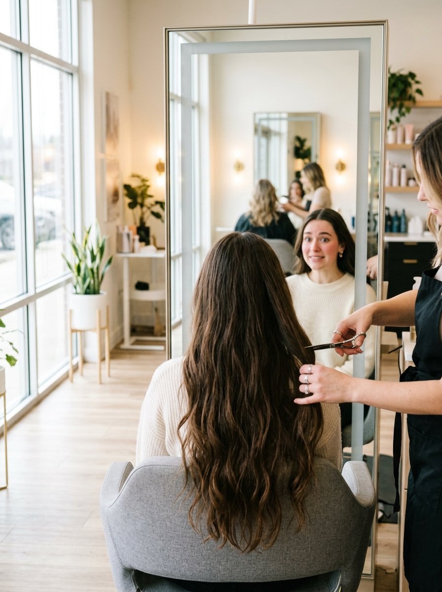Hairstylist cutting long brown hair of a female client sitting in a salon chair facing a mirror.