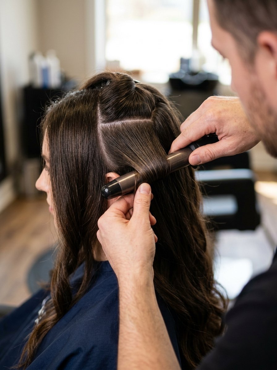 A close-up shot of a stylist wrapping a section of brunette hair around a heated curling wand.