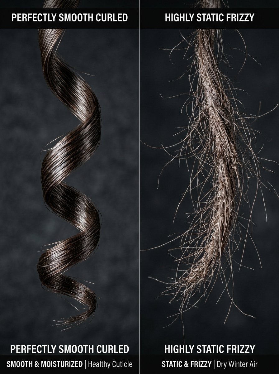 Split screen image showing one shiny curled hair lock on the left and one dull dry frizzy hair lock on the right.